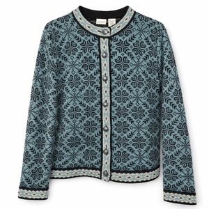 L.L. Bean Nordic Fair Isle 100% Merino Wool Cardigan Sweater Blue Black Vintage